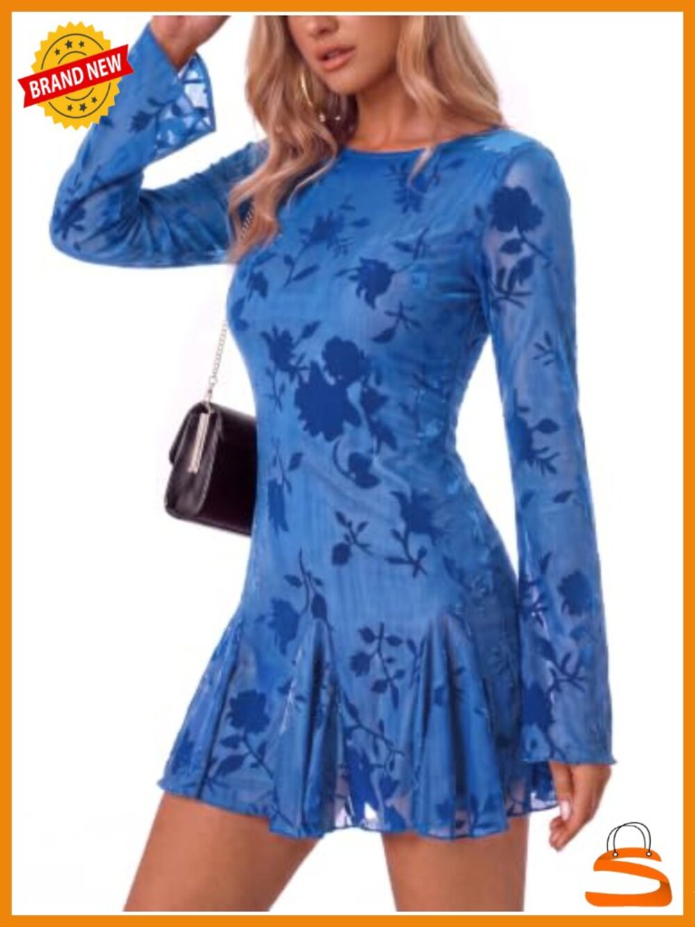 Women Floral Jacquard Long Sleeve Mini Dress Sheer Bell Sleeve A-Line Party